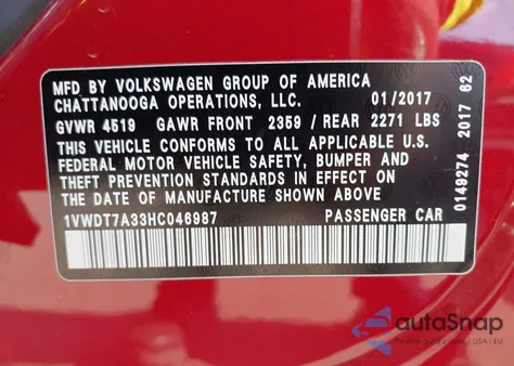 2017 Volkswagen Passat 1.8T R-Line z USA, uszkodzony, nr VIN 1VWDT7A33HC046987